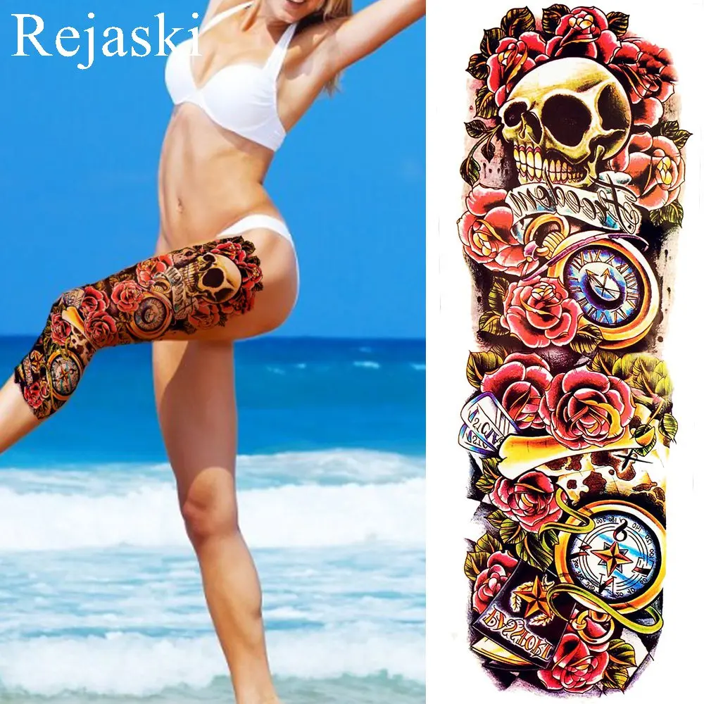 

Watercolor Women Flower Temporary Tattoo Clock Full Arm Art Tattoo Stickers Skull Beach Water Transfer Flash Tatto Girl Shoulder
