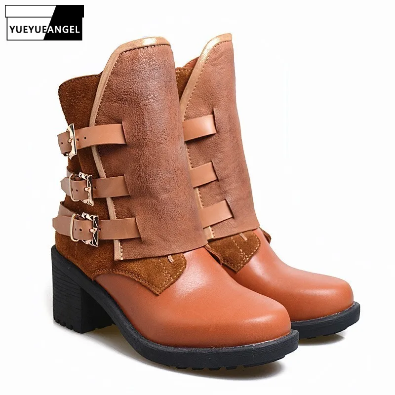 

Botines Mujer 2019 Platform High Heel Womens Leather Boots Winter Belt Buckle Motorcycle Boots Female Fashion Brand Ladies Shoes