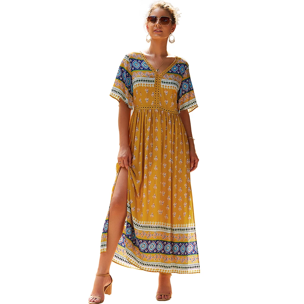 

2019 High Waist Printed V-Neck Ladies Dress Five-Point Sleeve Boho A Style Casual Dress