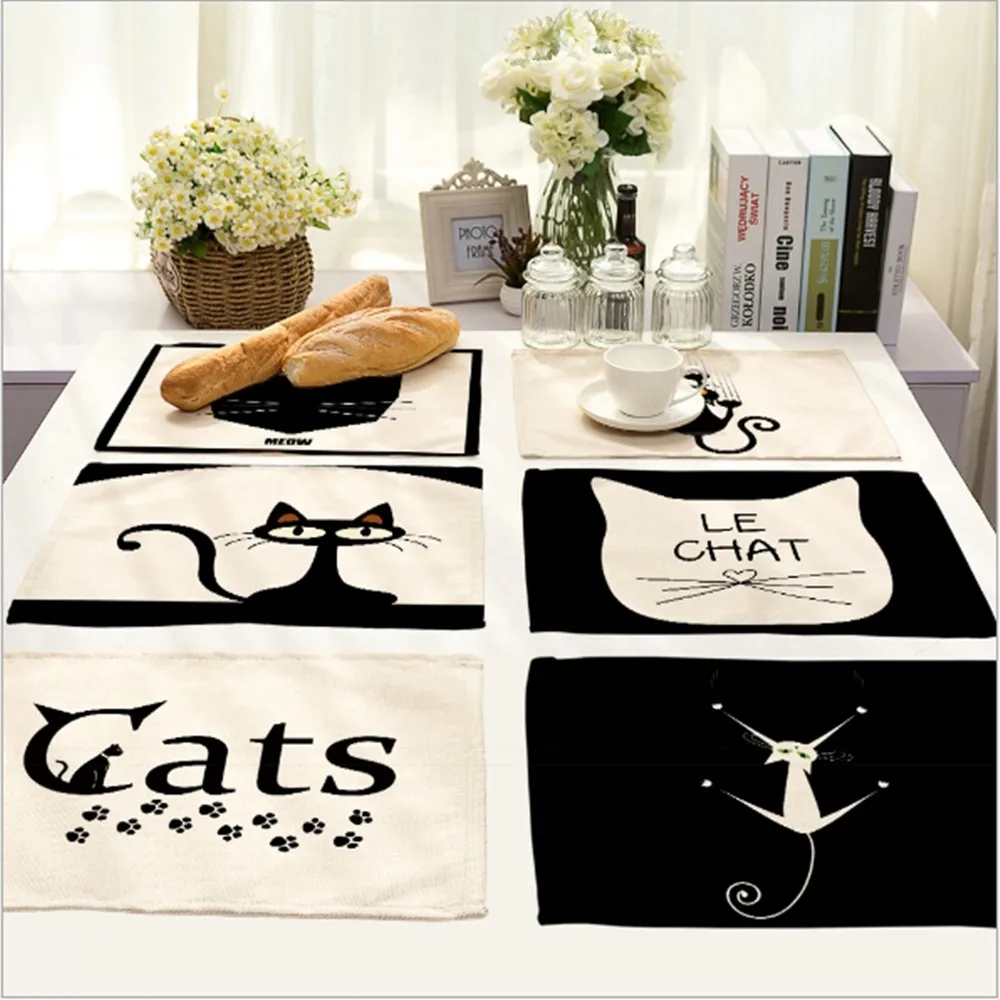 Home Decor Black Cats Placemat Linen Fabric Table Mat Dishware coasters