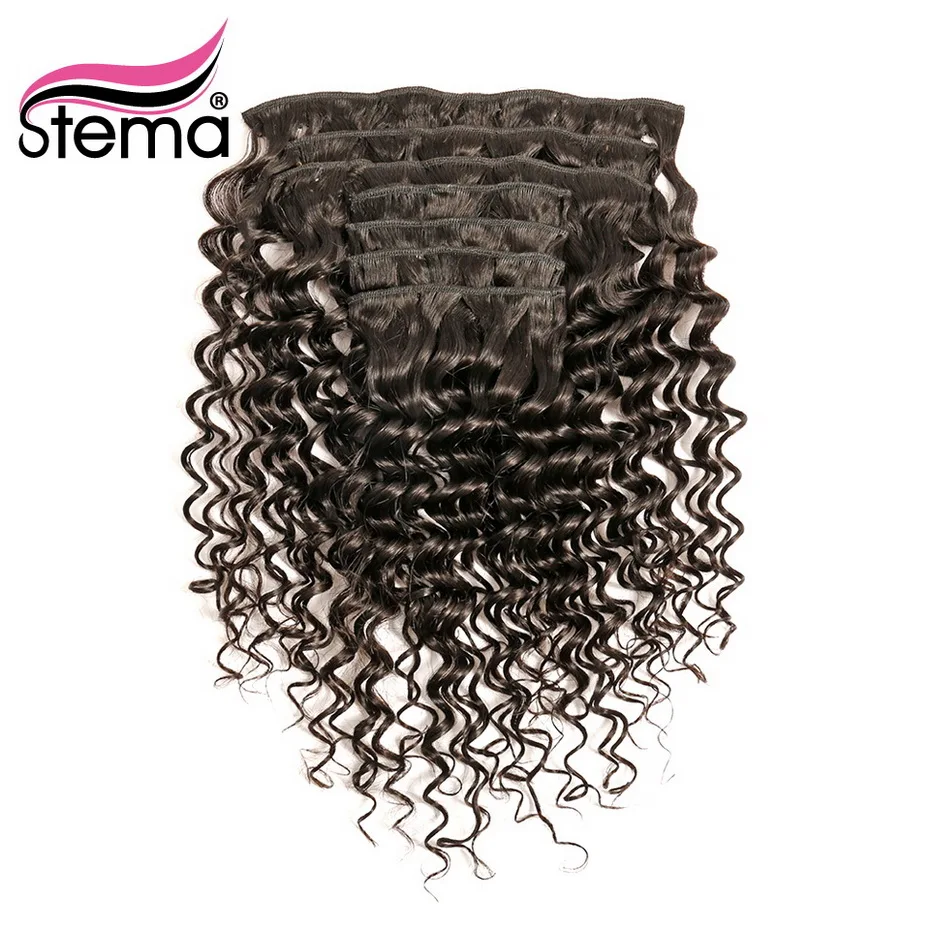 

Stema Brazilian Deep Wave Hair Clip In Hair Extensions 7PCS 18CLIPS And 120g/set 100% Remy Human Hair Natural Color