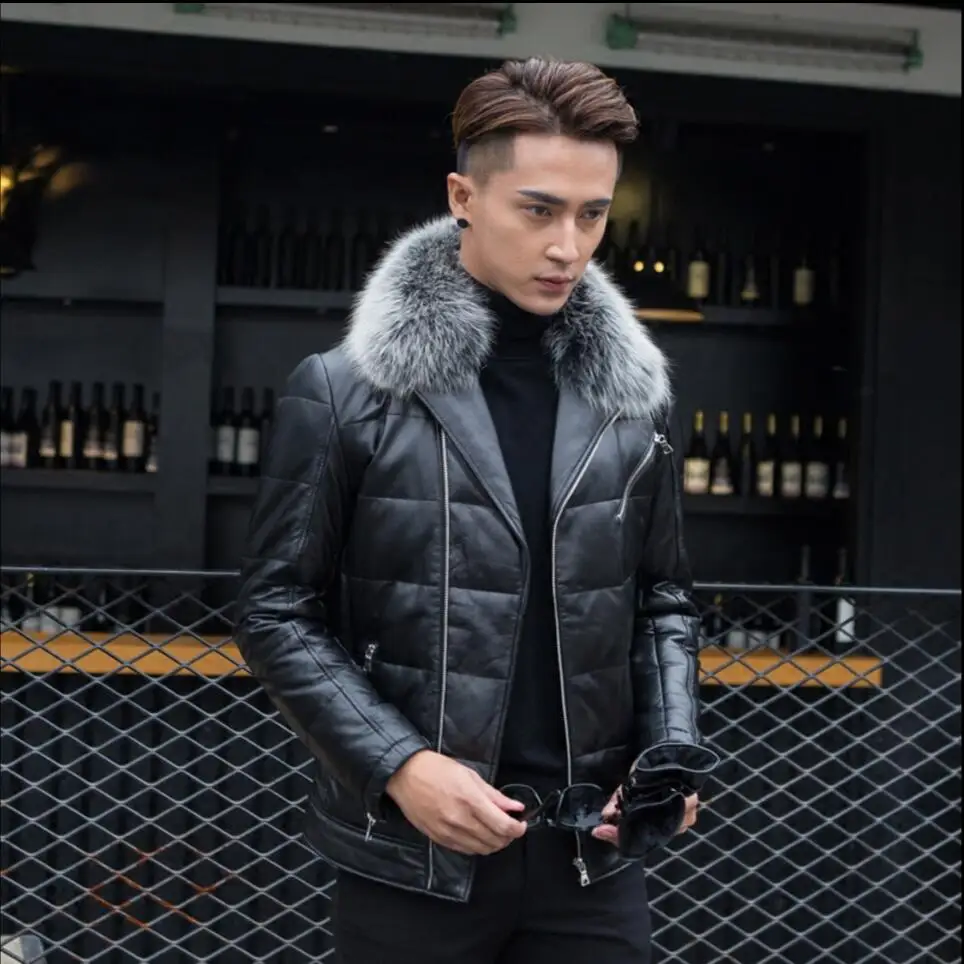 

M-3xl Winter Genuine Leather Faux Fox Fur Down Jackets Men Winter Outerwear Sheepskin Coat Luxurious Fur Collar Thicken Overcoat