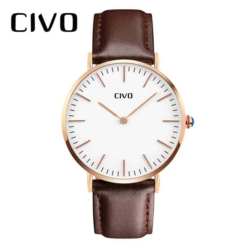 

CIVO Ultra Thin Brown Genuine Leather Watches Mens Simple Design Quartz Watch Business Wristwatch Waterproof Clock