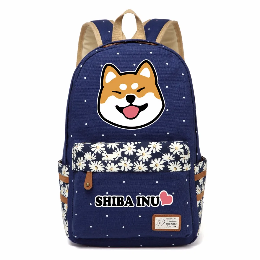 WISHOT Shiba Inu cute Kawaii Doge dog Backpack flowers shoulder Travel Bag for teenagers