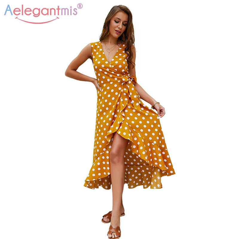 

Aelegantmis Sexy Deep V Neck Polka Dot Print Summer Dress Women Ruffles Sleeveless Bohemian Casual Long Dress Ladies Sundress