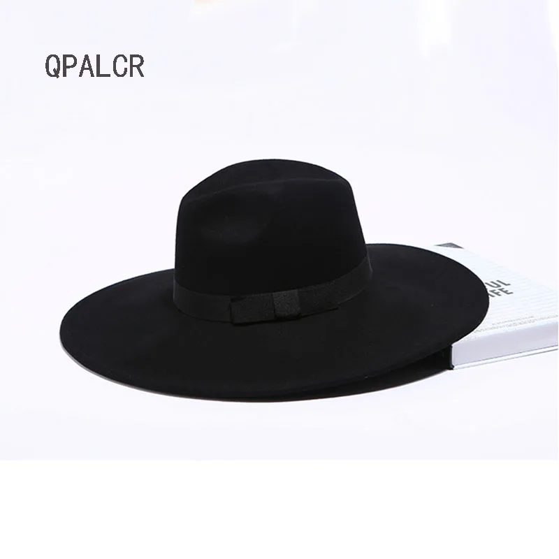 

QPALCR Unisex Vintage Wool Wide Brim Fedora Hat Men Chapeau Jazz Cap Women Felt Autumn Winter Trilby Hats Black Gray Brown Khaki