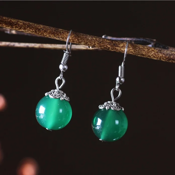 

Tibetan silver earrings ,New Ethnic jewelry chalcedony stone earrings handmade original dangle earrings green