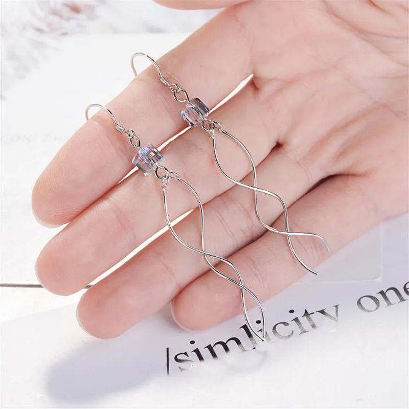 

New Fashion Long Tassel Wave Line Ear Wire 925 Sterling Silver Jewelry Square Crystal Personality Women Dangle Earrings SE725
