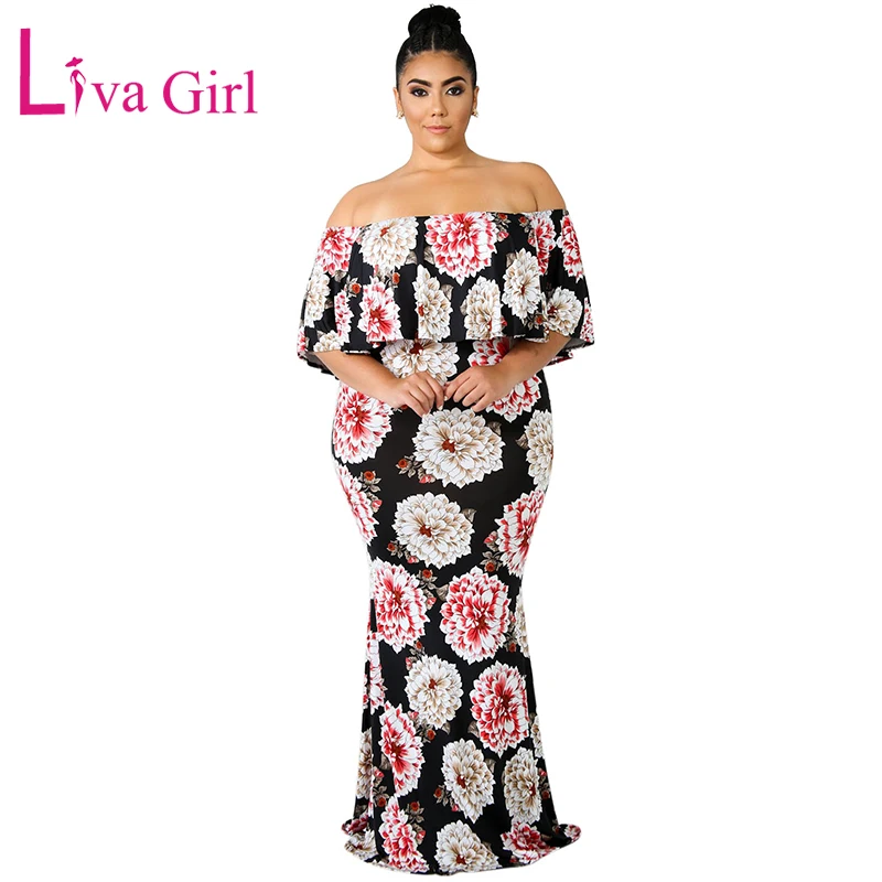 LIVA GIRL Sky Bloom Plus Size Floral Maxi Dress Woman 2019 Sexy Print Off Shoulder Ruffled Bodycon Dresses Female Big Robe | Женская