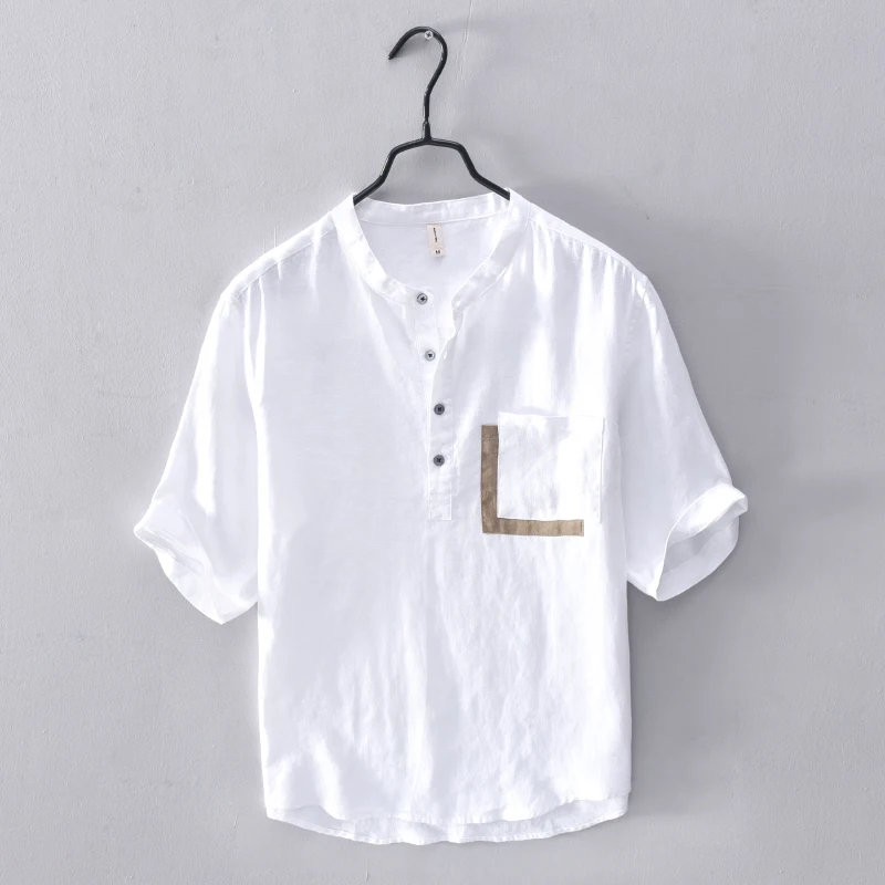 Japanese Style Fashion Men Shirts Summer Short Sleeve Loose Fit Linen ...