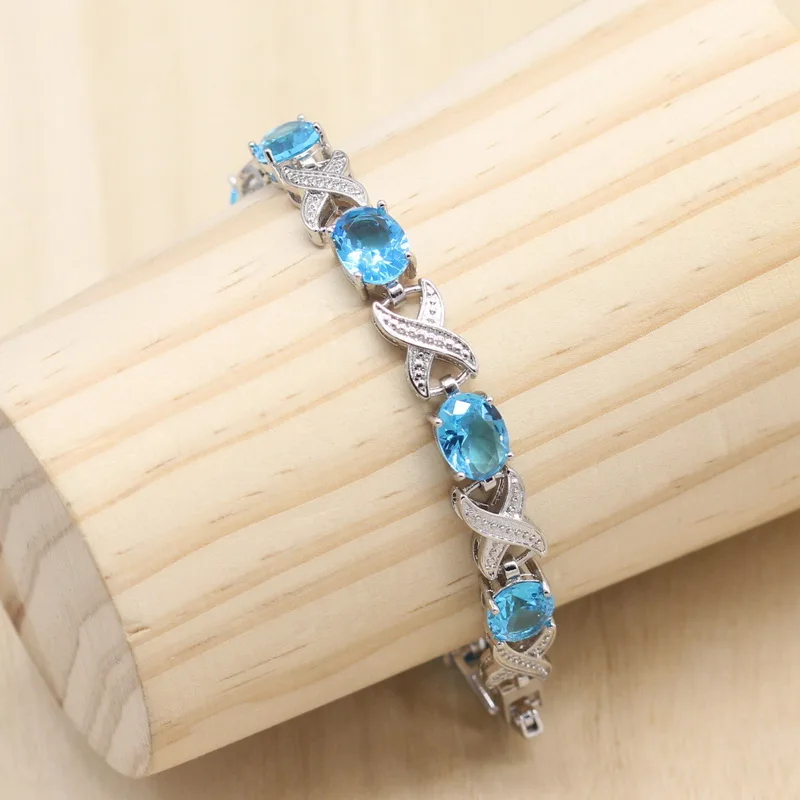 Небесно-голубой полудрагоценный 925 Серебряный ювелирный набор с браслетом для женщин ожерелье кулон серьги кольцо подарок на день рождения ювелирные изделия