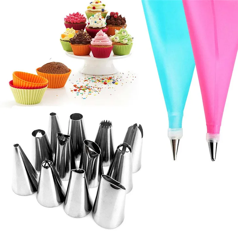 

14PCS/SET Silicone DIY Icing Piping Cream Pastry Bags + 12PCS Nozzle Set Cake Decorating Tools Mould + Coupler Converte