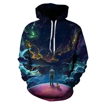 

3 Patterns Galaxy Man-dog Print Women Punk Hoodies S To 3xL Blue Galaxy Harajuku Loose Couples Sweatshirt