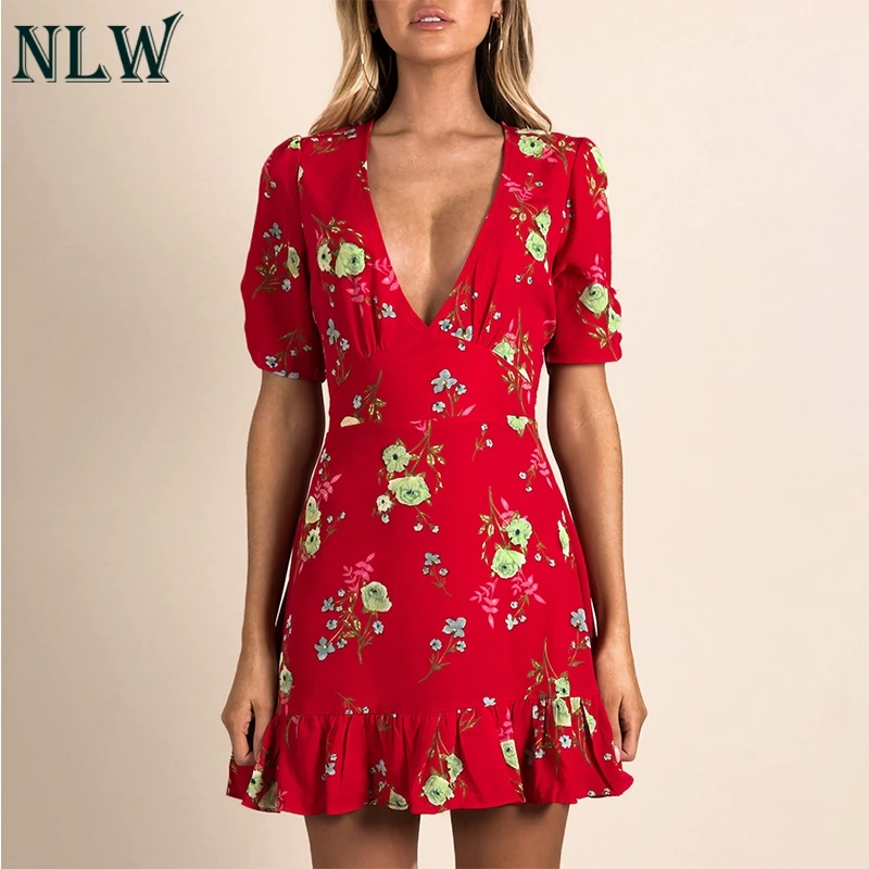 NLW Boho Chic короткое платье красный черный цветочный принт V Ruffle Peplum Hem летнее женское