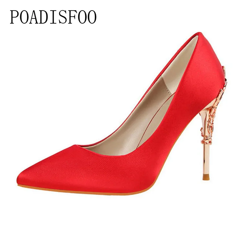 

Sexy Fashion With Metal Heel Thin Shoes With high-heeled Shallow Pointed Pointed Silk Satin Shoes .PSDS-9219-2