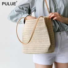 Vintage Handmade Woven Straw Bag Women Leather Straps Shoulder Bag Summer Travel Straw Beach Bag Bucket Bag Casual Totes Handbag vintage women weaving tassel straw bag solid shoulder bag messenger bucket beach bag handbag