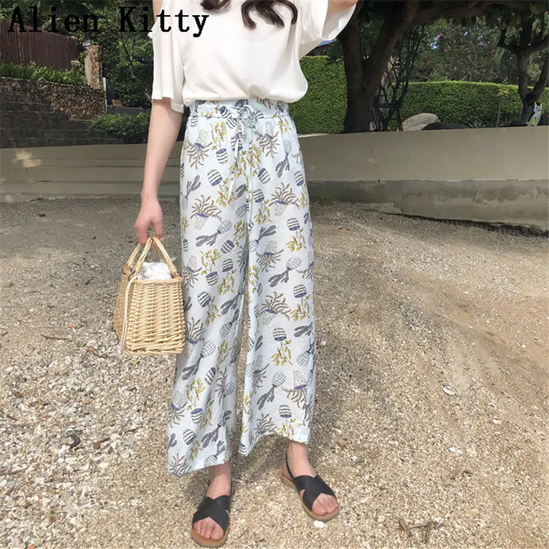 

Alien Kitty Fresh Print Elastic High Waist 2019 Autumn Female Casual Women All-Match Loose Ankle Length Wide Leg Pants 2 Colors