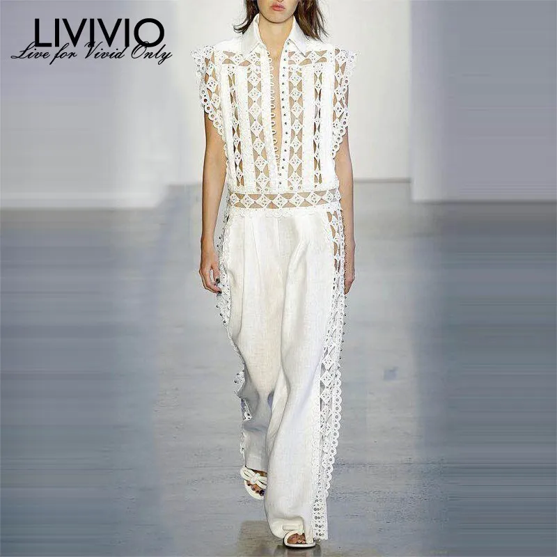 

[LIVIVIO] 2019 Hollow Out Jumpsuits For Women Beading Sleeveless Romper Wide Leg Pants Female Summer Korean Fashion Streetwear