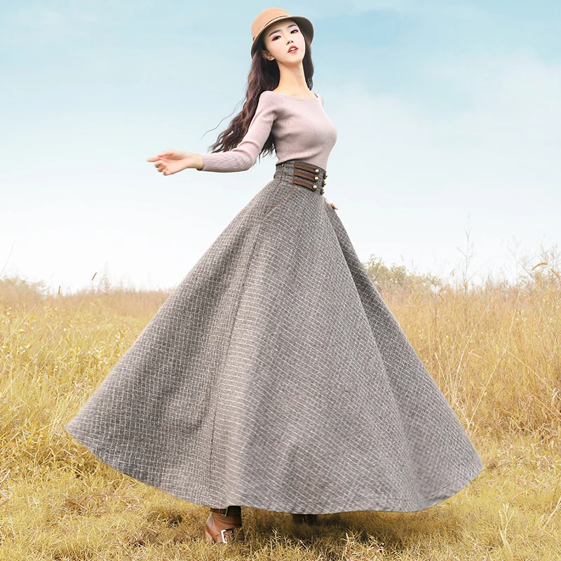 

Free Shipping 2019 Boshow New Winter Vintage Woolen Long Maxi High waist Bandage A-line Plaid Big Hem Skirts With Pockets S-L