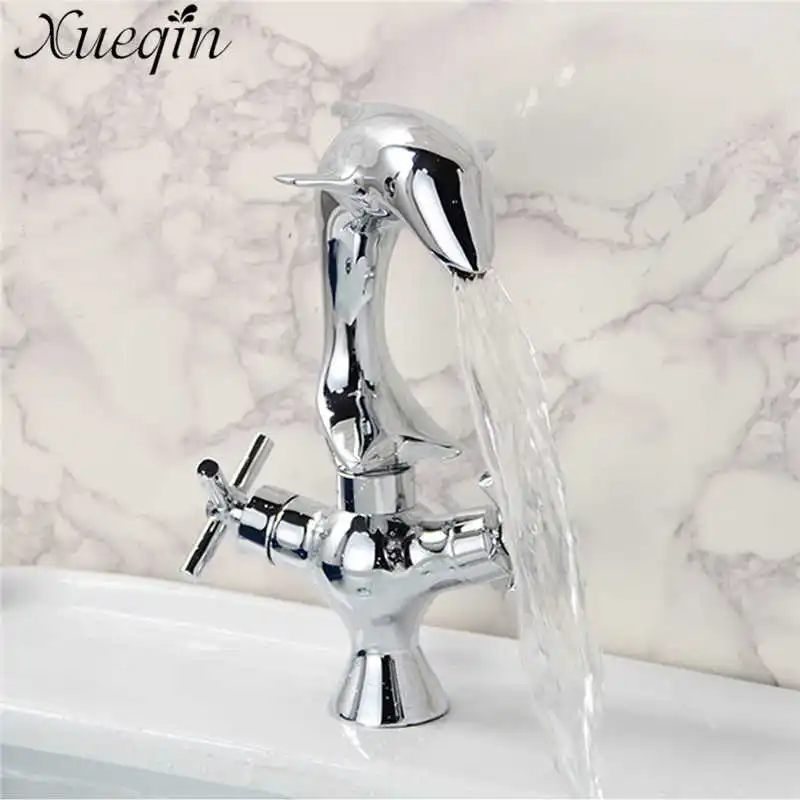 

Dolphin Style Double Handle Copper Basin Faucet Bathroom Dual Hole Mixers Hot/Cold Water Chrome Polished Deck Mounted