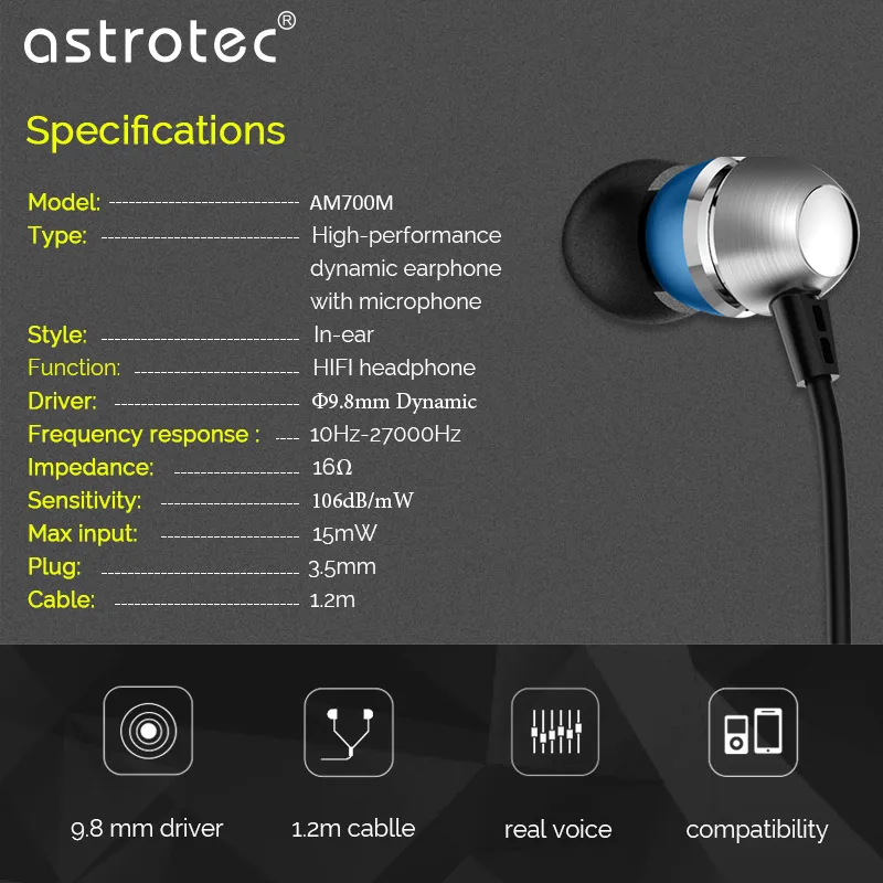 Astrotec AM700M Оригинальный стерео наушники с микрофоном 3 5 мм для смартфонов