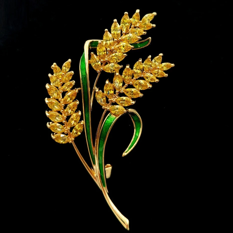 Урожая Винтаж желтый оболочка пшеницы Золотая брошь стволовых Зеленый Эмалированный лист Спайк пшеницы булавки броши для осенние украшения