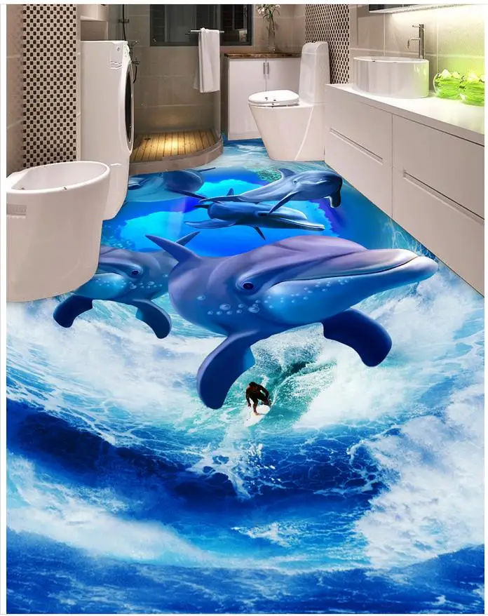 Beach floor murals in wallpapers Dolphin Wave PVC waterproof floor