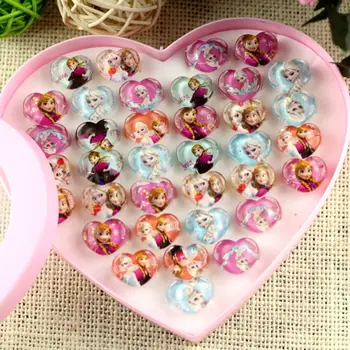 

36pc/box Acrylic Cartoon Frozn Princess Crystal Heart-shaped Kids Finger Rings Party Costume Birthday Party Favor Gift