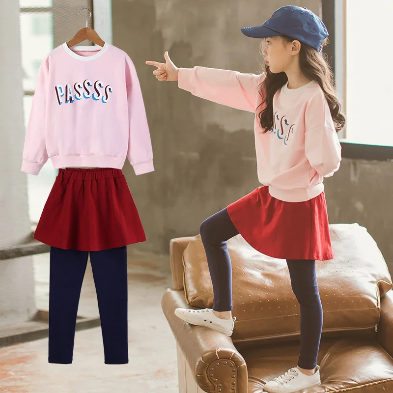 

New Girls Clothing Sets 2018 Autumn Kids Skirt Faux Two Piece Culottes Sports Suit Children Long-sleeved Cotton Track Suit CC883
