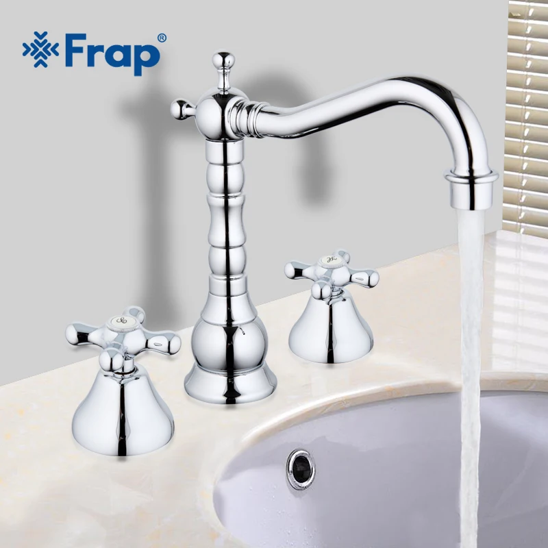 

Frap Deck Mounted Dual Cross Handle Three Holes Basin Faucet Hot and Cold Water Mixer G1163