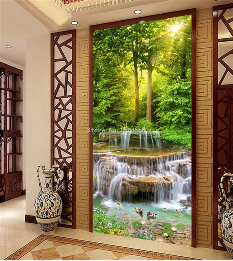 clássico, floresta, cachoeiras, paisagem, foto, mural, hotel, entrada, fundo