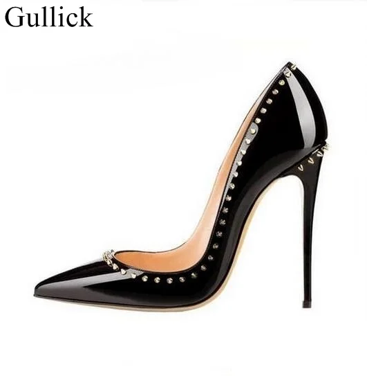 Black Patent Leather Sexy Pointed Toe Spikes High Heel Pumps Rivets Dress Shoes High Heels Women Party Shoes Slip-on Pumps