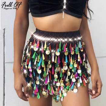 

Befree Colorful Sequins Tassel fringe skirt women sexy Summer beach short mini faldas Nightclub party high waist skirts bottom