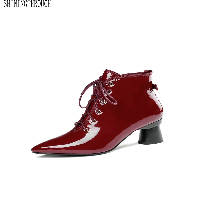 

Genuine Leather Women Ankle Zipper Women Boots Spring Autumn Women Shoes High Heel Cross-tied Pointed Toe Party Dancing Shoes