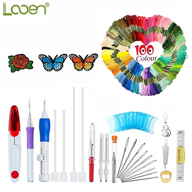 

Cute Magic Embroidery Pen Punch Needle Set Embroidery Patterns Punch Needle Kit Craft Tool 100pcs Threads For DIY Sewing Tools