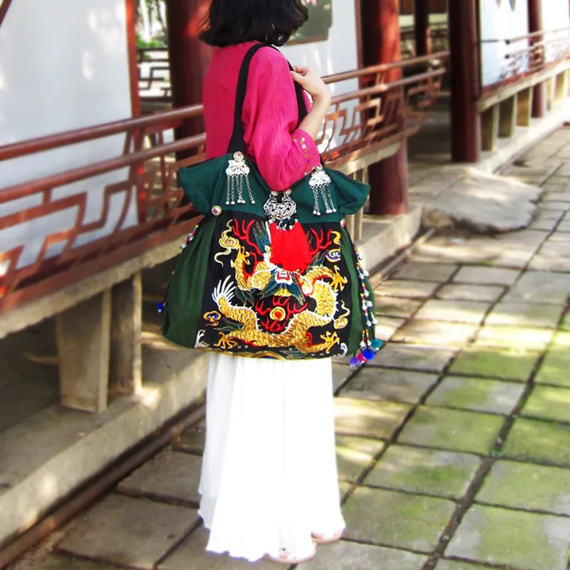 Новейшие двухсторонние сумки с вышивкой, этнические зеленые холщовые женские сумки с большим рисунком, сумки на плечо для путешествий