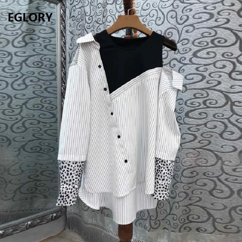 

High Quality New 2019 Autumn Fashion Blouses Women Turn-down Collar Leopard Print Patchwork Long Sleeve Striped Shirt Casual