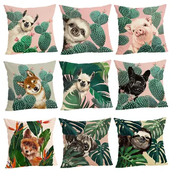 

Factory direct linen pillow Green leafed animal hug pillowcase cushion cover stock is sufficient to map custom