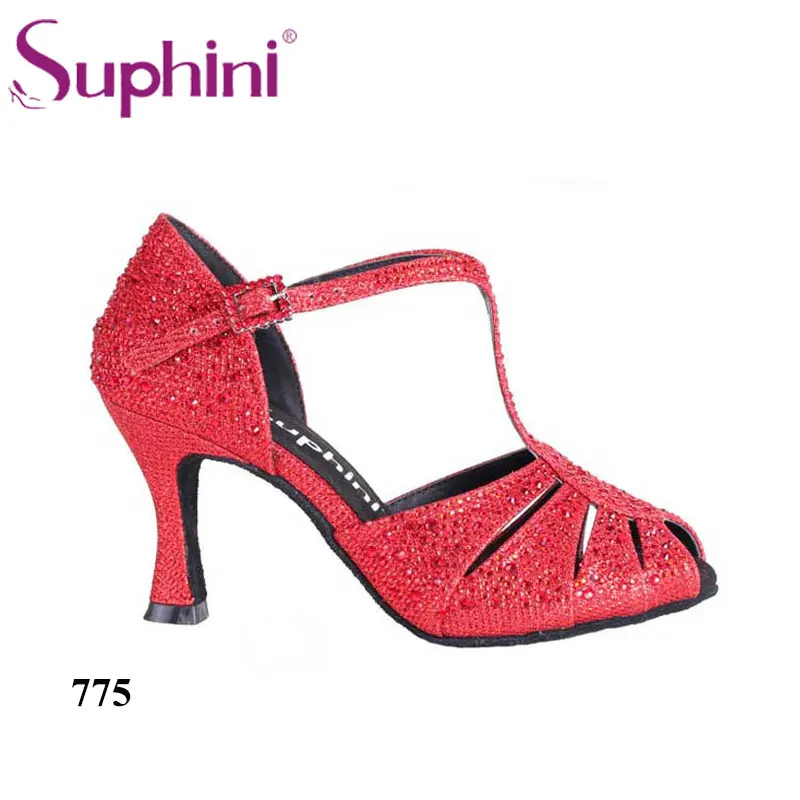 Зеленые блестящие туфли для латинских танцев; Женская Профессиональная обувь для сальсы, бальных танцев; высота каблука 8 см; - Цвет: Red 7.5cm