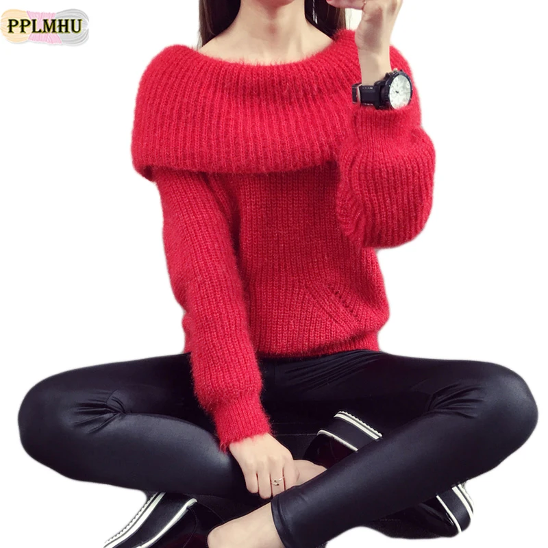 

Fashion Cashmere Knitted Sweater Women 2018 New Elegant Warm Turtleneck Sweater Pullover Female Sexy Off Shoulder Sweater Tops