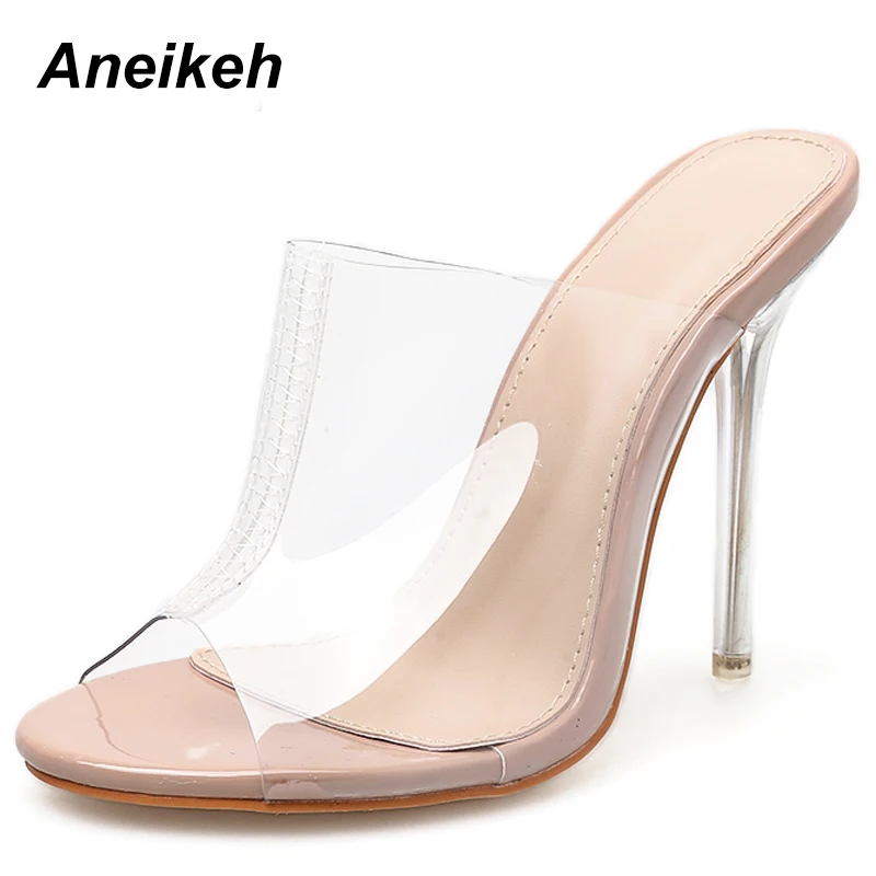

Aneikeh 2019 PVC Pumps Women Spring Autumn Transparent Round Toe Slip-On Thin High Heels Contracted PU Silver Apricot Size 35-40