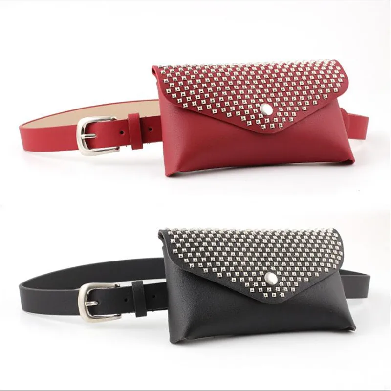 

2018 New Punk Ladies Square Rivets Waist Pack Belt Bag Womens Black Red Leather Waist Band Bag Belts for Women Cinturon Mujer