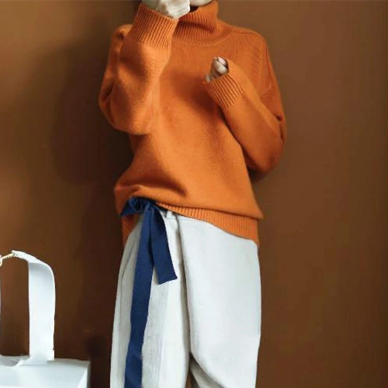 Зимний высококачественный двойной плотный свободный кашемировый свитер с высоким воротом женский свитер кашемировый пуловер свитер - Цвет: Оранжевый