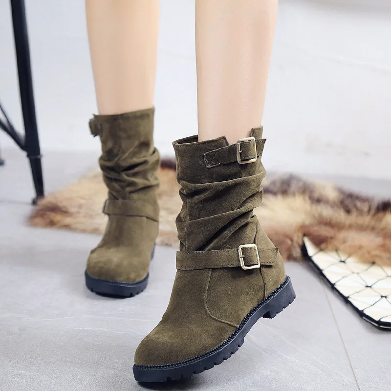 

Round Toe Ladies Mid-calf Boots Belt Double Buckle Nubuck Leather Boot Brand Flat Womens Military Shoes Winter Short Plush Green