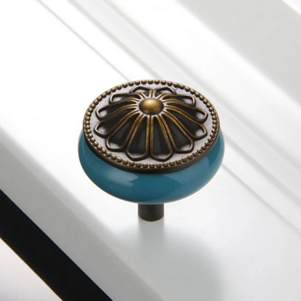 Винтажная керамика маленькая круглая ручка для тумбочки для шкафа кухонный шкаф деревянная мебель - Цвет: Blue