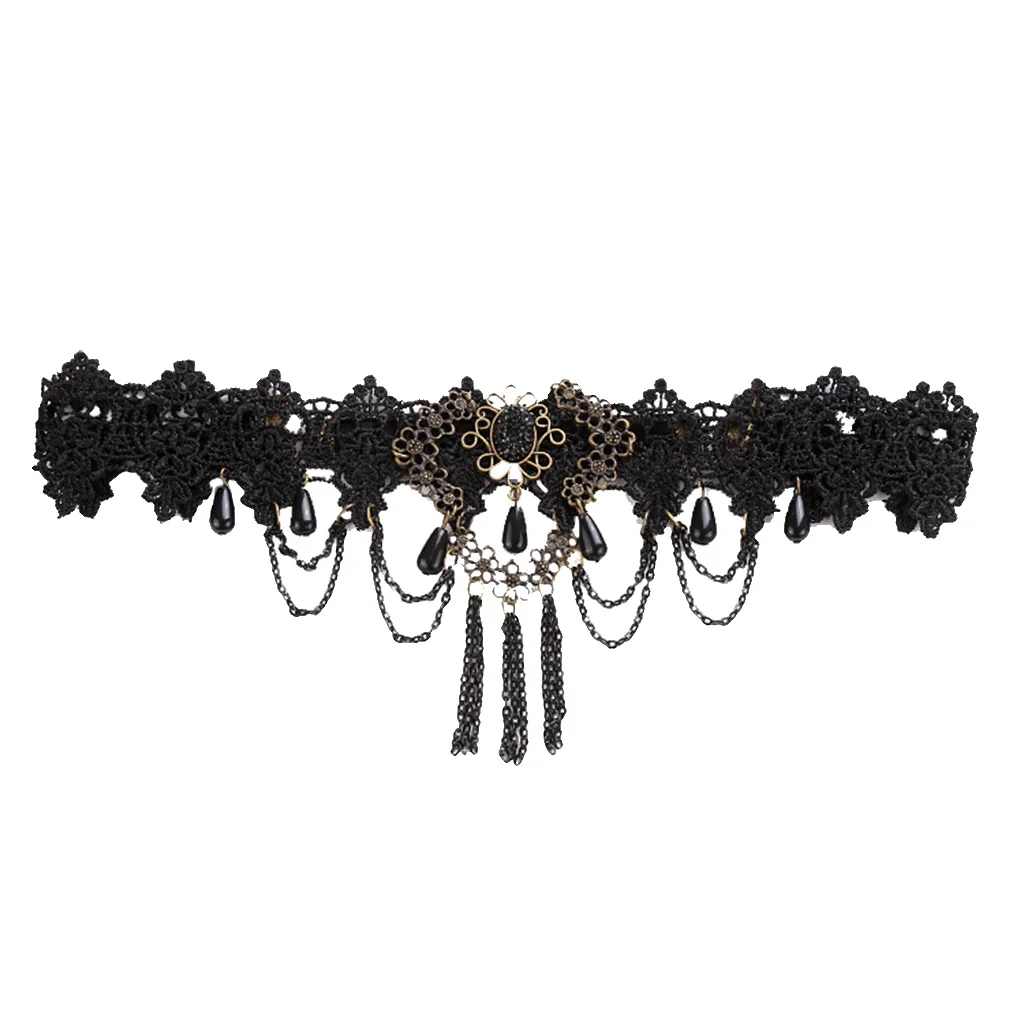 Phenovo Romantic Gothic Style Headband Women Black Lace Tassel Beads Hair Band for Party Fashion Jewelry