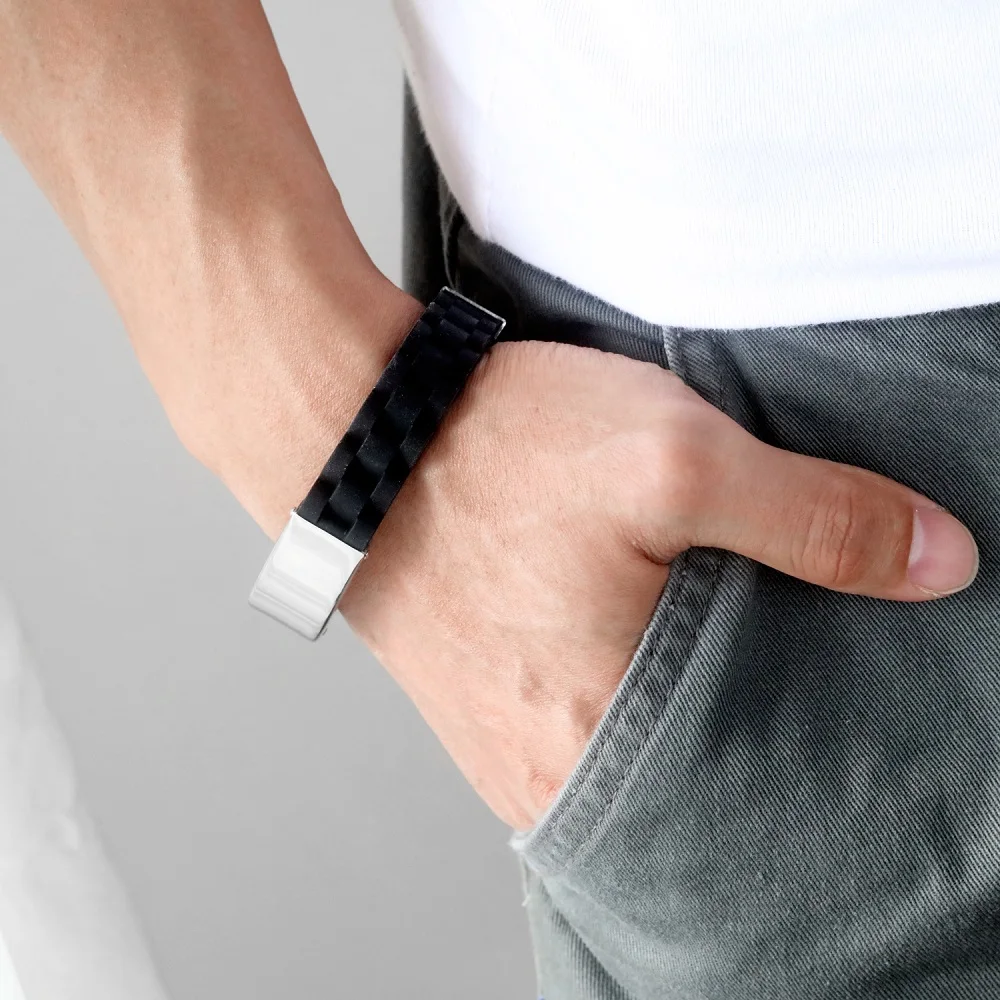 FATE LOVE Brand Fashion Jewelry Boy Men ID Bracelet Wristband Bangles Silicone + Stainless steel in Silver Black color