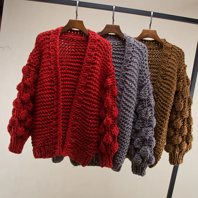 Femme Chandail blanc Cardigan Couleur Ouverte gris Manteaux Lanterne Vestes Tricoté Manches Tricots Solide camel Main rose Femmes Oshangchaopin rouge Noir Épais Maille qw6ggR