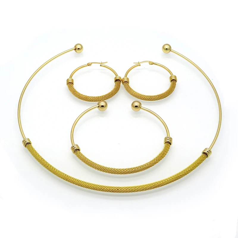 

Fashion New design Stainless Steel Gold Choker Collar Bangle Bracelet +Earrings +Necklace Set Women