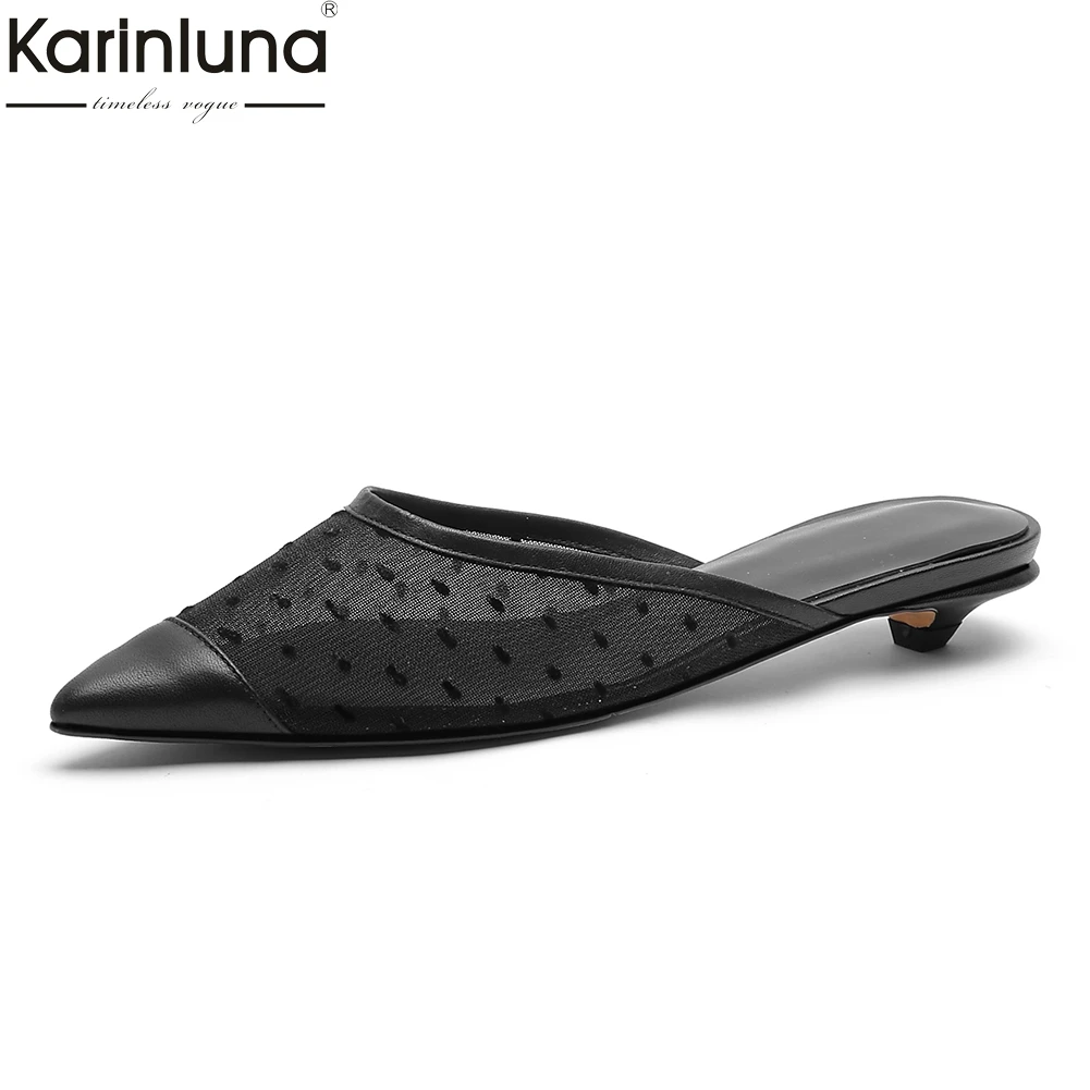 

brand design cow leather slip on casual air mesh pumps mules woman shoes low heels pointed toe summer shoes woman mules